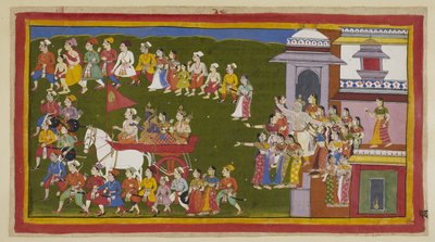 Rama, sa femme et son frère partent en char conduit par Sumantra et sont entourés par les habitants de la ville en deuil, dont les larmes apaisent la poussière soulevée par le char. Dasaratha se précipite de son palais et passe par la porte - Indian School