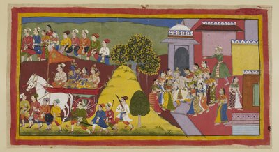 Rama, insupportablement affligé à la vue de ses parents âgés courant désespérément après le char, a pressé le conducteur. Le char passe derrière une colline, toujours entouré par les habitants de la ville, tandis que Dasaratha, qui a couru après lui, - Indian School