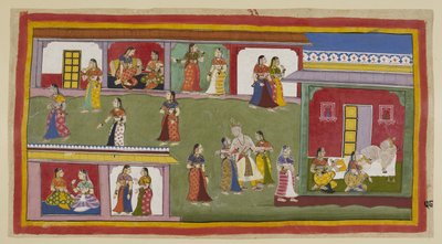 Le roi est aidé à rentrer dans son palais par ses reines. Il répudie Kaikeyi, lui disant de vivre dans le palais comme une veuve car il ne veut plus la voir, et est aidé à se coucher par Kausalya et Sumitra, tandis que les reines inférieures - Indian School