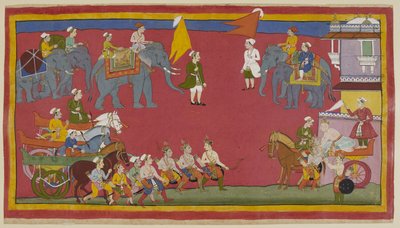 Les deux princes et leur oncle sont descendus de leurs chars et avancent de la gauche pour saluer le roi. Il sort du palais à droite dans son char et se penche pour les saluer affectueusement. Des éléphants sont en arrière-plan - Indian School