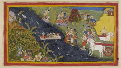Add 15296 (1) f.66r, Les compagnons ont atteint la rivière Ganges et Guha, le chef Nisada, est venu les saluer avec certains de ses gens de leur ville voisine. Rama lui demande de fournir un bateau pour qu