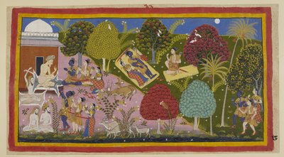 Add 15296 (1) f.68r, En haut au centre, les trois passent la nuit dans la forêt. Sita et Rama sont allongés sur un tapis, son épée et son arc à côté de lui, tandis que Laksmana assis sur son tapis réprimande Rama pour avoir cédé au chagrin. En bas, ils se  - Indian School