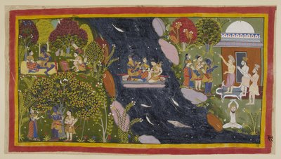 Bharadvāja, à droite dans son ermitage, conseille aux voyageurs le chemin vers Citrakuta. Au centre, ils traversent la Yamunā sur un radeau improvisé, avec Sita priant à nouveau la déesse de la rivière pour un retour en toute sécurité - Indian School