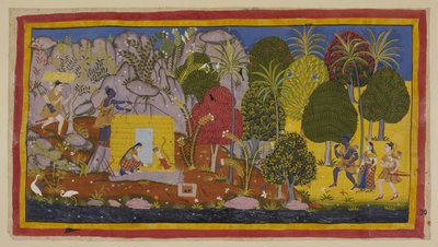 Add 15296 (1) f.70r, Les trois exilés approchent de Citrakuta par la droite le long des rives de la rivière Yamuna. Rama s
