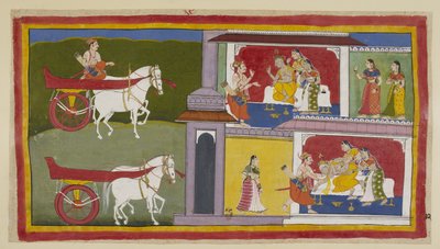 Add 15296 (1) f.72r, À gauche, Sumantra retourne à Ayodhya et entre dans le palais pour donner le dernier message de Rama au roi, qui est assis avec Kausalya et Sumitra à ses côtés. Le roi s