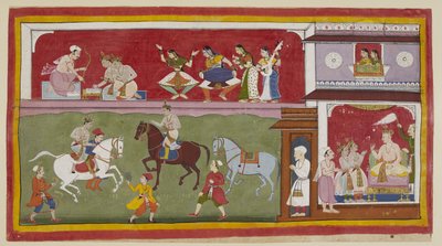 Les princes demandent au roi des enseignants de religion, arts et sciences, tandis que deux dames regardent par une fenêtre jharokha - Indian School
