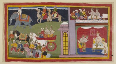 Les messagers disent aux princes de retourner à Ayodhya. Les princes disent au revoir au roi Kaikeyi et à son fils Yudhājit - Indian School