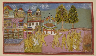 Le corps de Bali, couvert de blanc, est porté dans un palanquin à dôme et à drapeaux depuis le palais et consumé dans un bûcher funéraire, avec Sugriva et Angada dirigeant les rites funéraires - Indian School