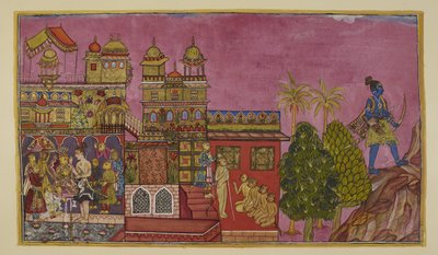 Sugriva est installé comme roi au palais, et Angada comme prince héritier de Kiskindhā, avec Laksmana présent - Indian School
