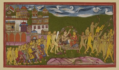 Sugriva et Laksmana sont transportés dans une litière dorée, portée par des singes, de Kiskindha - Indian School