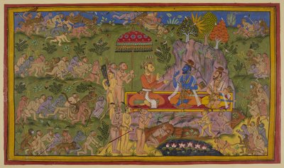 Les forces des singes ont fouillé en vain les régions nord, est et ouest et reviennent pour dire à Sugriva et Rama leur déception. Sugriva Sita sur un tapis sous un parapluie royal et offre du pan (bétel à mâcher) aux deux frères - Indian School