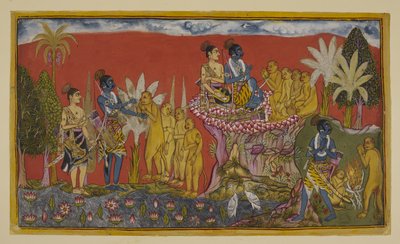 Hanuman amène maintenant Rama et Laksmana en présence de Sugriva sur la montagne. Rama et Sugriva se serrent la main en signe de leur vœu d