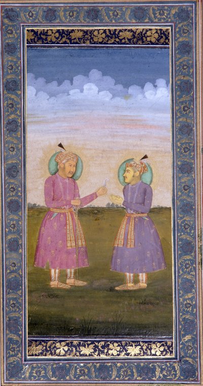 Akbar remet une plume ornée à son fils Jahangir - Indian School