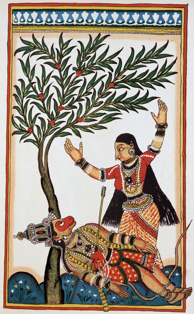 Bali tué par une flèche, à côté de lui Tara sa femme, litho XVIIIe siècle - Indian School