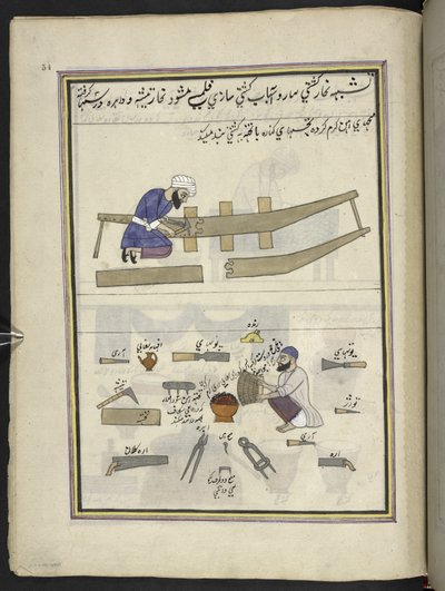 Constructeurs de bateaux, 86 dessins reliés en un volume représentant des métiers et occupations au Cachemire, des artisans montrés au travail avec leurs outils et équipements, par un artiste du Cachemire, probablement à Srinagar, c.1850-60 - Indian School