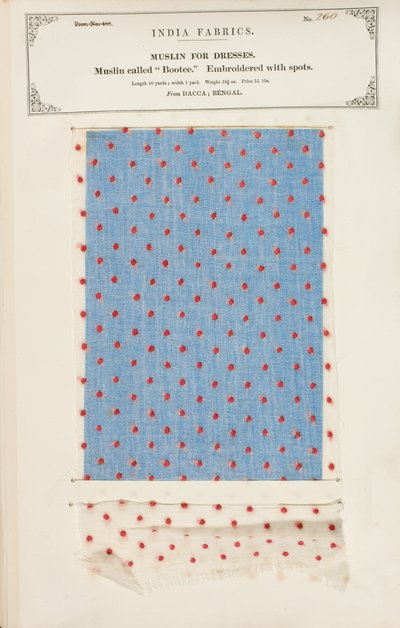 Échantillon de mousseline Bootee brodée de pois de Dacca au Bengale, de The Collection of the Textile Manufacturers of India, par John Forbes Watson, publié en 1866 - Indian School