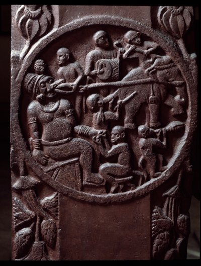 Bouddhisme : « Des singes capturent un éléphant et le traînent pour extraire la dent du géant » (détail) du stupa de Bharhut. Bas-relief en pierre noire, 2ème siècle avant J.-C. - Musée indien de Calcutta - Indian School
