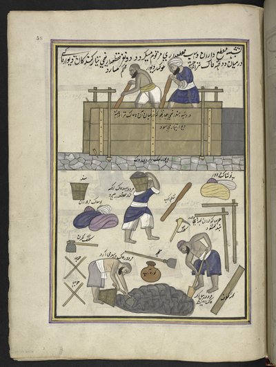 Constructeur de murs en boue, 86 dessins reliés en un volume représentant des métiers et occupations au Cachemire, des artisans montrés au travail avec leurs outils et équipements, par un artiste du Cachemire, probablement à Srinagar, c.1850-60 - Indian School