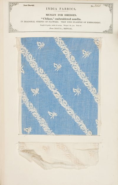 Échantillon de mousseline brodée Chikan de Dacca au Bengale, de The Collection of the Textile Manufacturers of India, par John Forbes Watson, publié en 1866 - Indian School