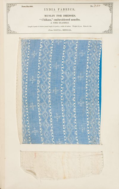 Échantillon de mousseline brodée Chikan de Dacca au Bengale, de The Collection of the Textile Manufacturers of India, par John Forbes Watson, publié en 1866 - Indian School