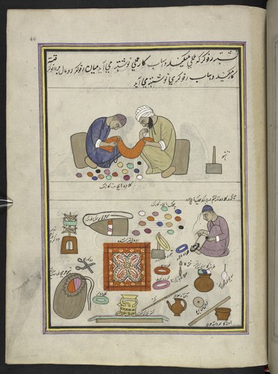 Brodeurs grossiers; couturier, pour assembler des pièces de châle, enroulant du fil en boule, 86 dessins reliés en un volume représentant des métiers et occupations au Cachemire, Artiste du Cachemire - Indian School