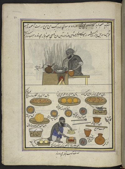 Fabricants de nourriture cuite et de kawab, 86 dessins reliés en un volume représentant des métiers et occupations au Cachemire, des artisans montrés au travail avec leurs outils et équipements, par un artiste du Cachemire, probablement à Srinagar, c.1850- - Indian School