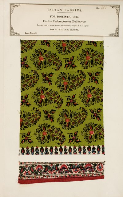 Échantillon de palempore ou couvre-lit en coton de Futtygurgh au Bengale, de The Collection of the Textile Manufacturers of India, par John Forbes Watson, publié en 1866 - Indian School