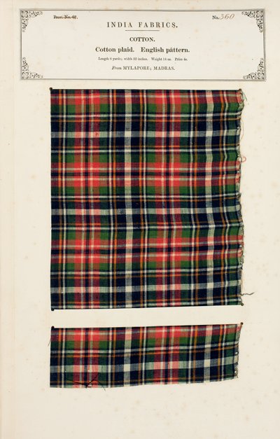Échantillon de plaid en coton de Mylapore à Madras, de The Collection of the Textile Manufacturers of India, par John Forbes Watson, publié en 1866 - Indian School