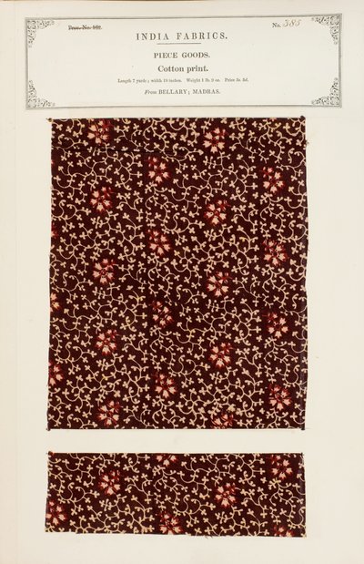 Échantillon de coton imprimé de Bellary à Madras, de The Collection of the Textile Manufacturers of India, par John Forbes Watson, publié en 1866 - Indian School