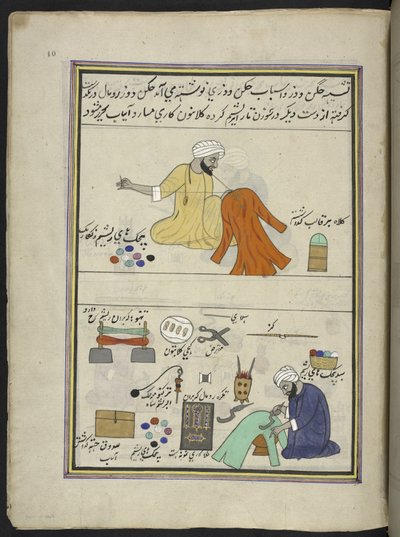 Brodeur et gaufrer (86 dessins reliés en un volume représentant des métiers et occupations au Cachemire, les artisans sont montrés au travail avec leurs outils et équipements, par un artiste du Cachemire, probablement à Srinagar, vers 1850-60) - Indian School