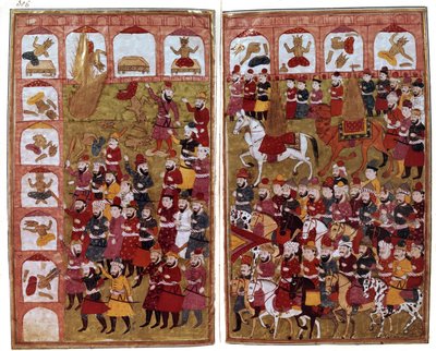 Entrée du prophète Mahomet dans la Kaaba à La Mecque en 630, illustration de Hamla-i-Haydari, par Mirza Muhammad Rafi Bazil, 1808 - Indian School
