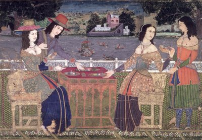 Européens se rafraîchissant sur un balcon, Moghol, peut-être Deccan (gouache opaque sur papier) - Indian School