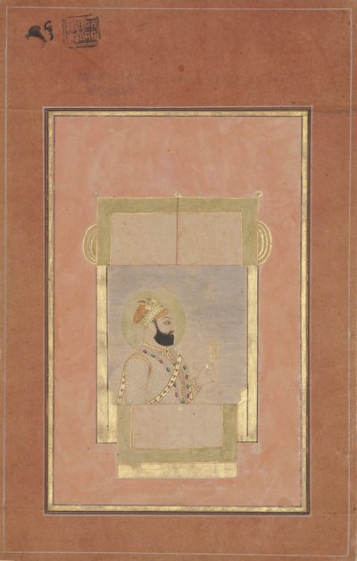 Farrukh Siyyar assis à une fenêtre, tenant un sarpech en or - Indian School