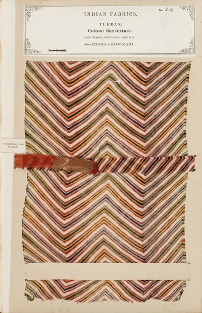 Échantillon de turban en coton fin de Jeypoor au Rajpootana, de The Collection of the Textile Manufacturers of India, par John Forbes Watson, publié en 1866 - Indian School