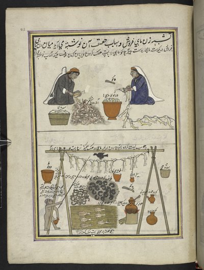 Poissonniers, femmes éviscérant des poissons ; homme séchant des poissons - Indian School