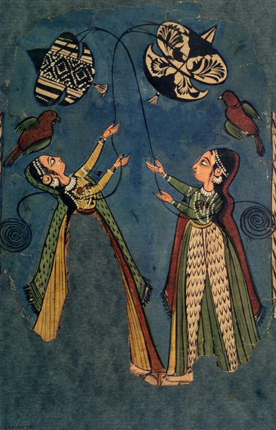 Filles faisant voler des cerfs-volants, peinture populaire de Kulu, Himachal Pradesh - Indian School