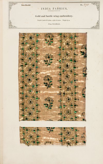 Échantillon de broderie en or et ailes de scarabée de Madras, de 