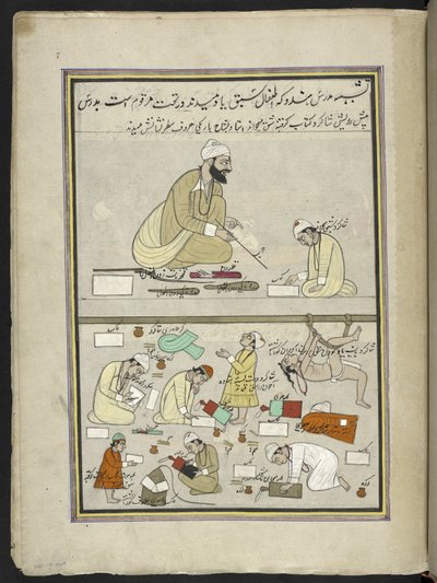 Enseignant hindou avec des élèves, 86 dessins reliés en un volume représentant des métiers et occupations au Cachemire, Les artisans sont montrés au travail avec leurs outils et équipements, Par un artiste du Cachemire, probablement à Srinagar, c.1850-60 - Indian School