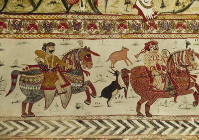 Scène de chasse, temple de Laxminarayan, Orchha, Madhya Pradesh, Inde (fresque) - Indian School