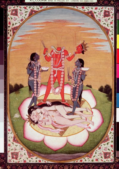 Icône de Chinnamasta, la Mahavidya émergeant des corps joints du Couple Originel, Kangra, vers 1800 - Indian School