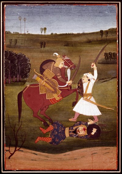 Art indien : bataille entre un prince à cheval et un guerrier - Indian School