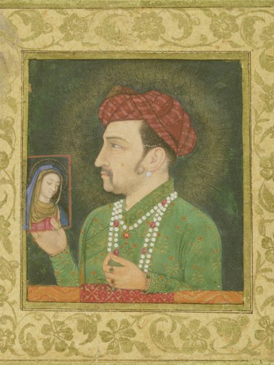 Jahangir tenant une image de la Madone, avec une inscription en persan : Janhangir Shah, Mughal - Indian School