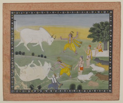 Krishna vainquant le démon taureau - Indian School