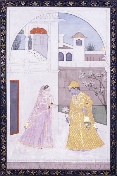 Krishna tenant une fleur de lotus, son amante en sari rose, vers 1800 - Indian School