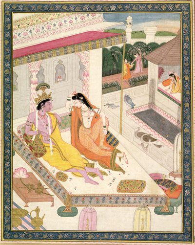 Krishna et Radha sur un lit dans un palais moghol, Pendjab, vers 1860 - Indian School
