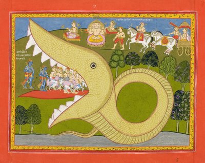 Krishna et les vachers entrent dans la bouche d