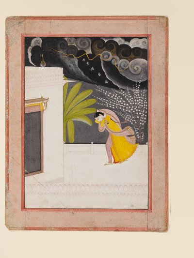 Dame sur une terrasse cherchant refuge contre la pluie, début du 19ème siècle - Indian School