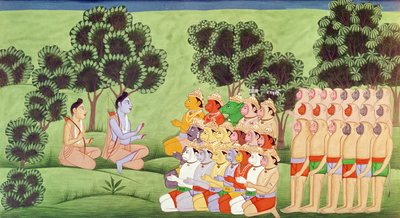 Lakshmana consultant les chefs des armées de singes, du Ramayana - Indian School