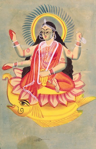 Lakshmi assise sur un trône de feuilles de lotus, vers 1890 - Indian School