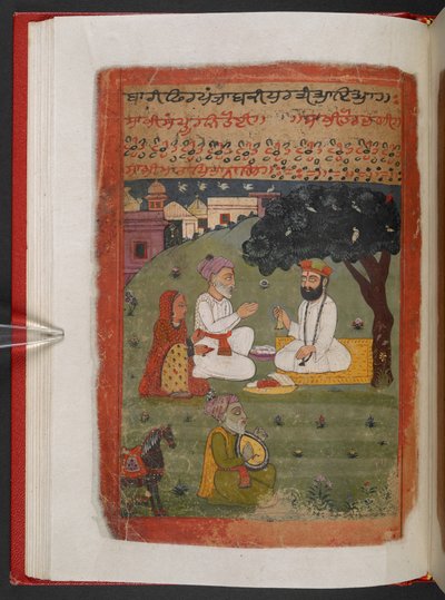 MS Panj B 40, f.28v, Guru Nanak avec Mata Tripta et Mehta Kalu à son retour de son 